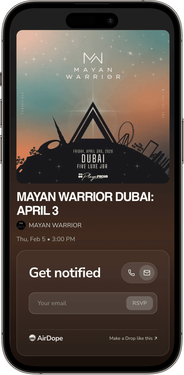 Drops page mockup showing Mayan Warrior Dubai event